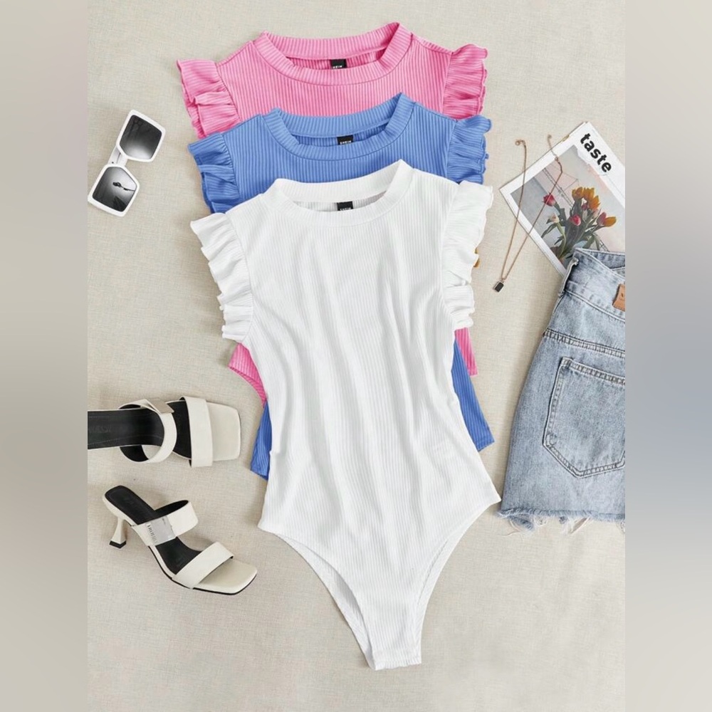 Ruffled Sleeve Ribbed Knit Round Neck Bodysuit Trio - White, Blue, Pink